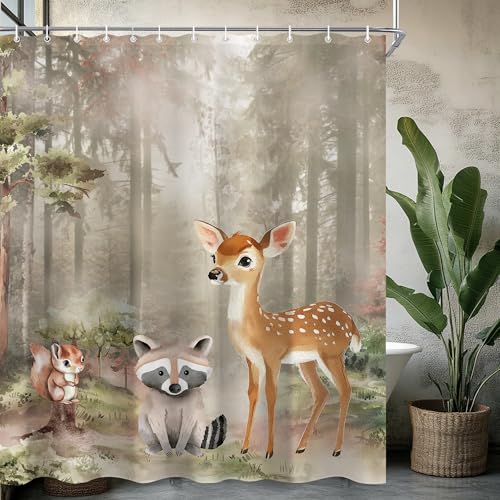 CINEKER Forest Animal Shower Curtain Set - 60x72 Inch Watercolor Woodland