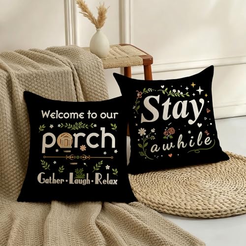 Welcome to Our Porch Black Throw Pillow Covers - Set of 4, 18x18