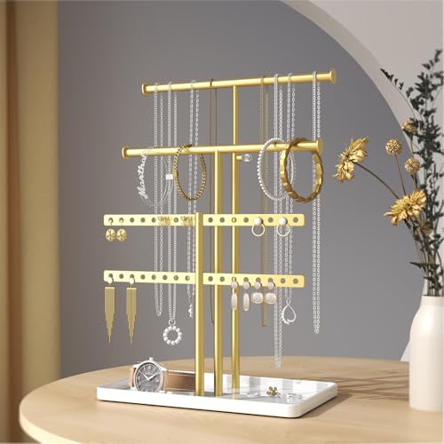 Adjustable Metal Jewelry Holder Organizer Stand for Necklaces & Bracelets (Gold)