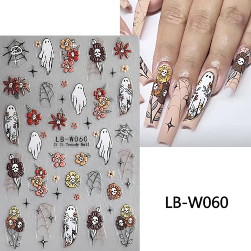 Halloween 5D Self-Adhesive Nail Art Stickers - Cute Ghost & Spider Web Decals