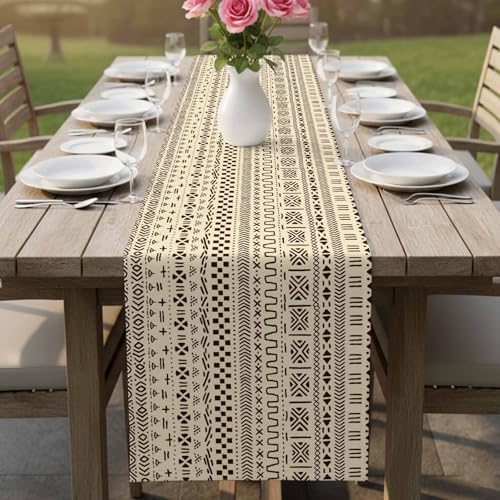 13x120 Inch Burlap Linen Table Runner with Geometric Ethnic Design - Farmhouse Decor for Dining & Parties