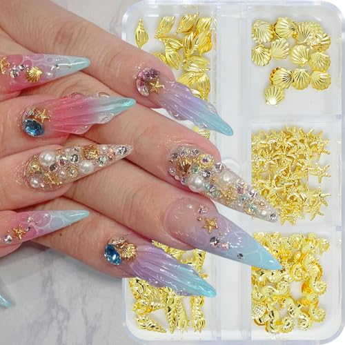 3D Summer Ocean Gold Metal Nail Charms - Seashell Starfish Seahorse
