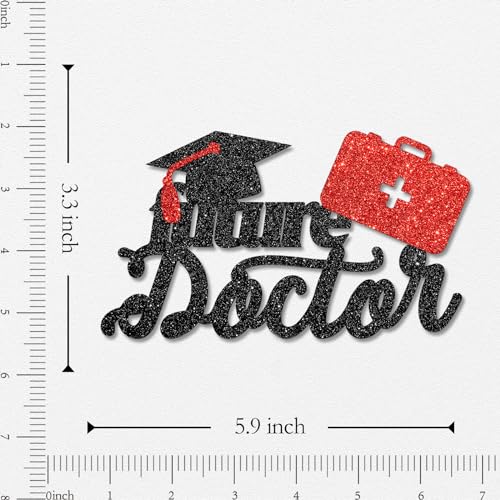Future Doctor Graduation Cake Topper - Black Red Glitter Decoration