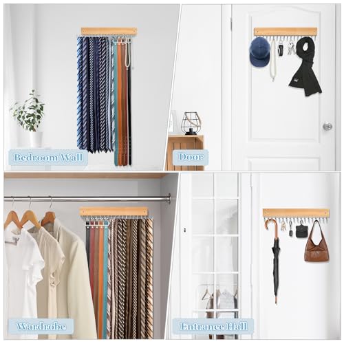 Lomrsiul Wall Mounted Tie and Belt Organizer, Natural Wood, 18-Hook Swivel