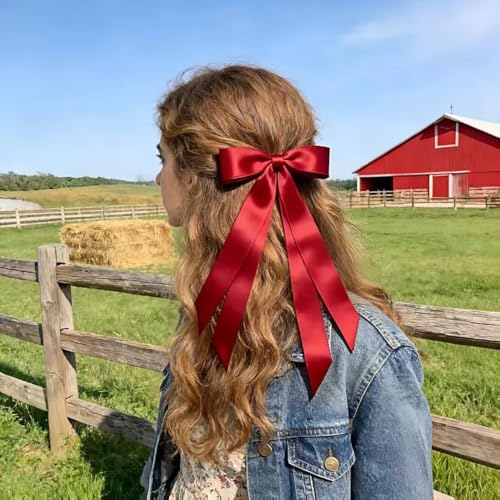 Silky Satin Hair Bows with Long Tails - 2 Pack Red & Black Hair Clips