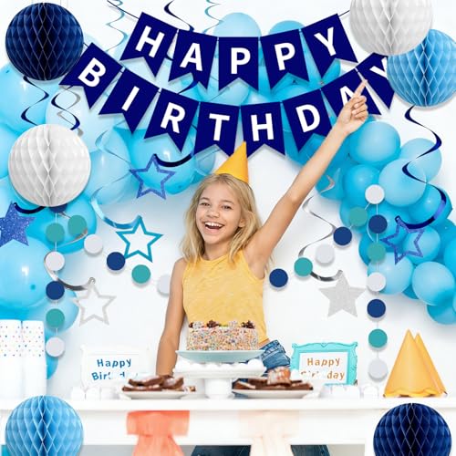 Blue and White Happy Birthday Decoration Set with Glitter Party Supplies