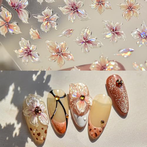 5D Pink Flower Nail Stickers Embossed Floral Nail Art Decals DIY Manicure