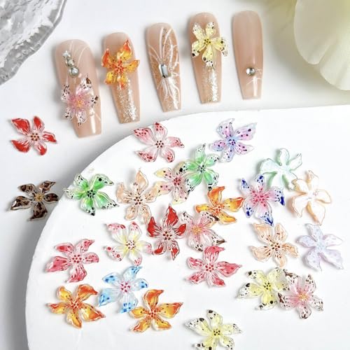 40Pcs 3D Flower Nail Charms Resin Lily Rhinestones for DIY Manicure