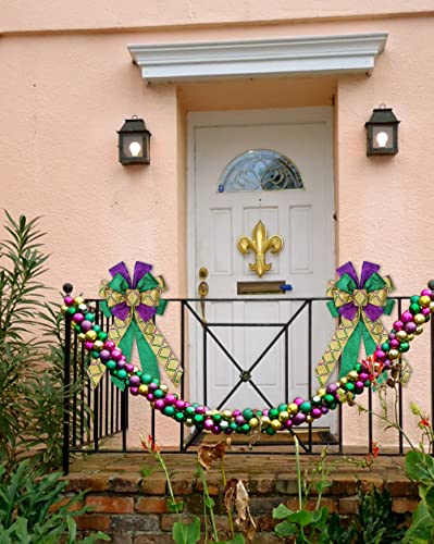 Large Mardi Gras Wreath Bow - Purple Green Glitter Plaid Carnival Decor