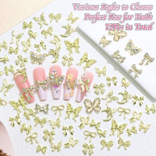 BELICEY 72Pcs Gold Bow and Butterfly Nail Charms 3D Alloy Rhinestones