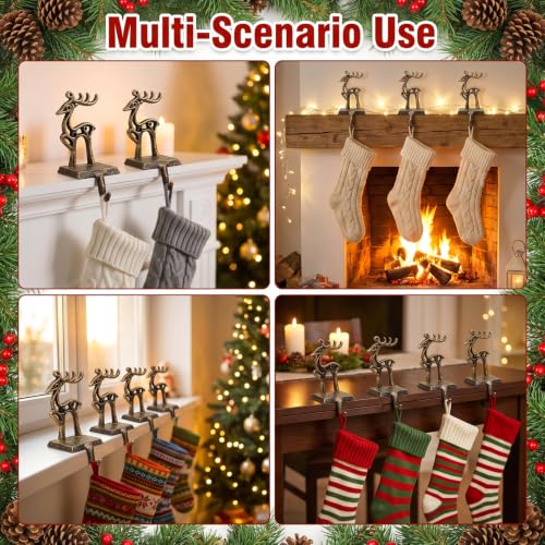 Reindeer Christmas Stocking Holders Set - Heavy Duty Cast Iron Mantel Hooks - Rustic Holiday Home Decor