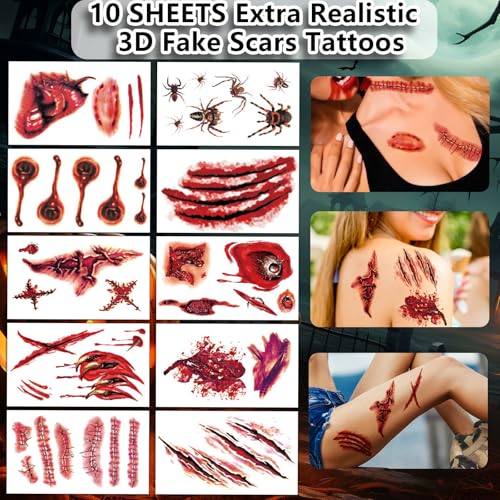 Sellentduct 25 Sheets Halloween Big Mouth & Scar Temporary Tattoos