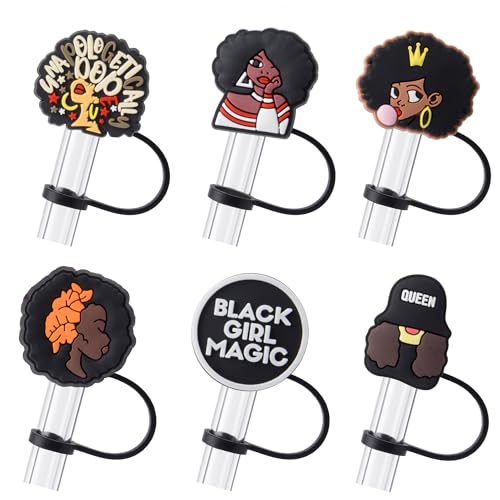 6Pcs Black Girl Straw Cover Cap for Stanley Cup Accessories, 10mm Cute Black Drinking Straw Topper for 40oz 30oz Stanley Tumbler, Dust-Proof Reusable Straw Tips Valentines Decor Gifts for Women