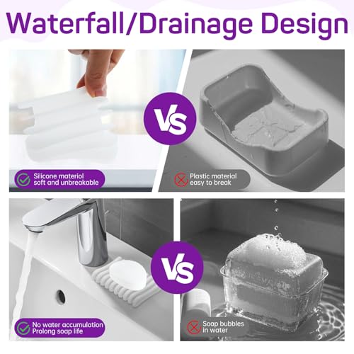 Self-Draining Silicone Soap Holder - 2 Pack Waterfall Soap Dish, Clear