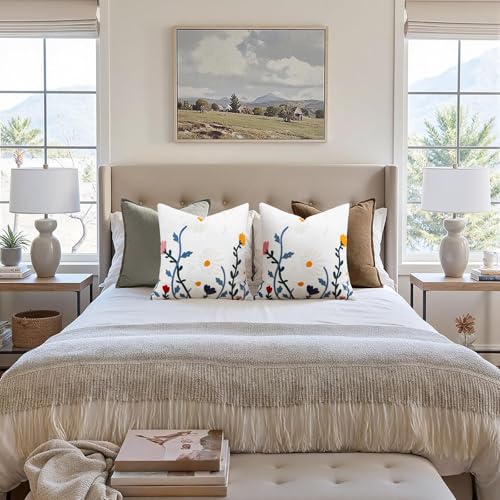 Merrycolor Floral Embroidered Pillow Cover 18x18 Cotton Canvas
