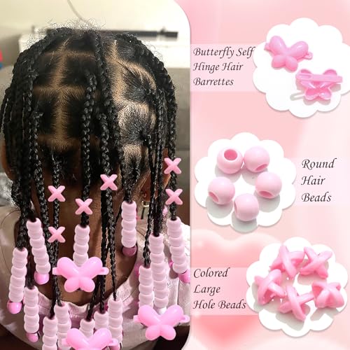 NAISKA 60Pcs Pink Hair Beads and Butterfly Clips for Kids Braids