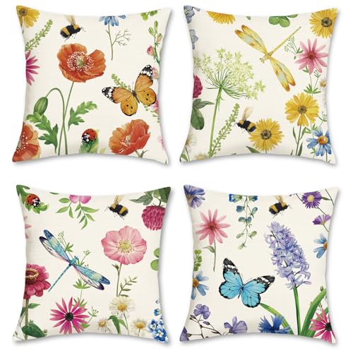 Bonhause Outdoor Floral Throw Pillow Covers 18x18 Set of 4 Spring Summer Wildflowers