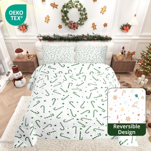 Toddler Reversible Christmas Comforter Set with Candy Cane Design - Green White Variation