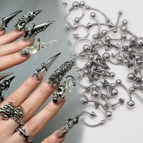 50Pcs Gothic Nail Charms Y2k Silver Piercing Spikes & Rhinestones