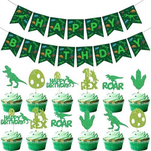 Dinosaur Happy Birthday Banner and Cupcake Toppers Party Set