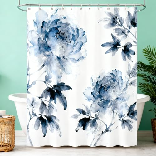 KLYOHAUS Watercolor Floral Shower Curtain, Blue-Gray Bohemian 72x72 Inch