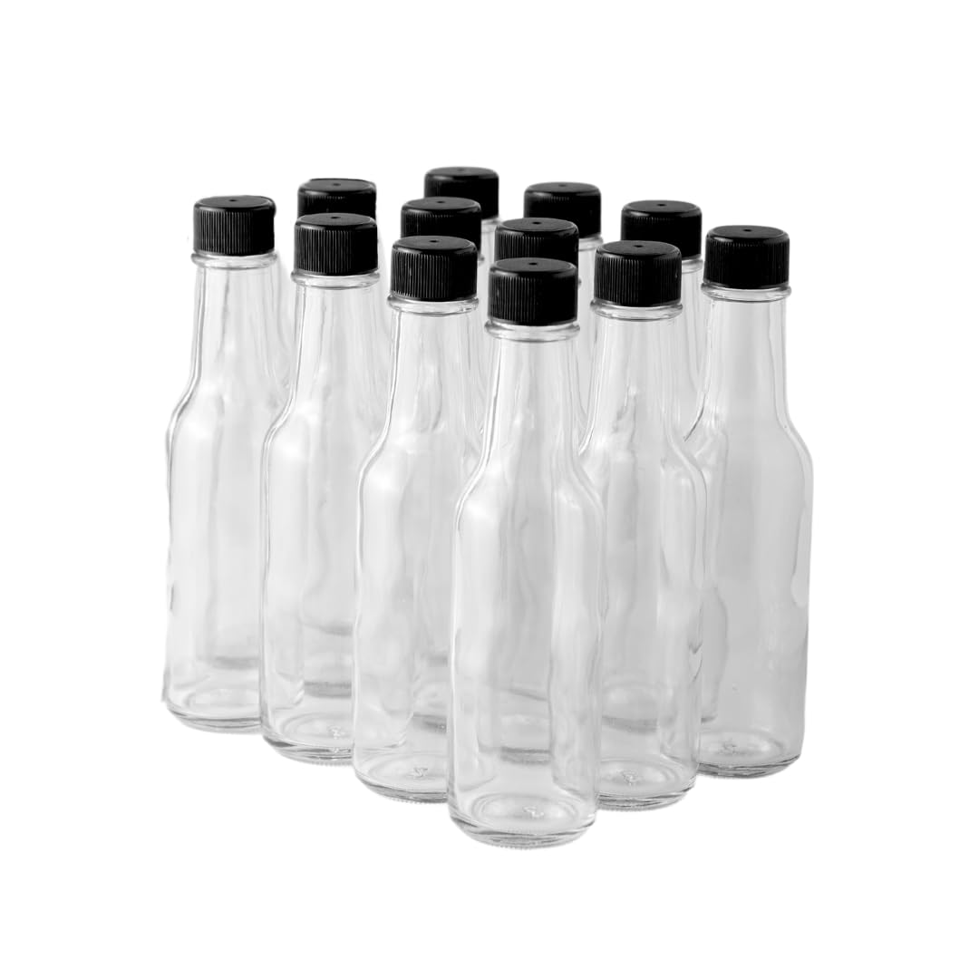 FastRack Woozy Bottle 5 oz (Pack of 12) | Small Hot Sauce Bottles for Canning | Empty Clear Glass Sauce Bottle with Black Plastic Caps | Leakproof Cap - No Dripper Included