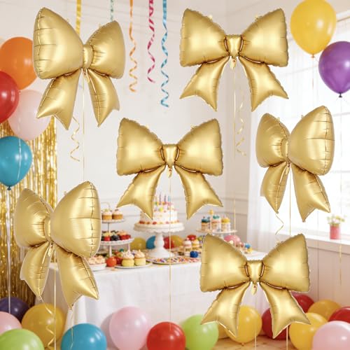 5 Pcs 38-Inch Gold Bow Foil Balloons - Coquette Party Decorations