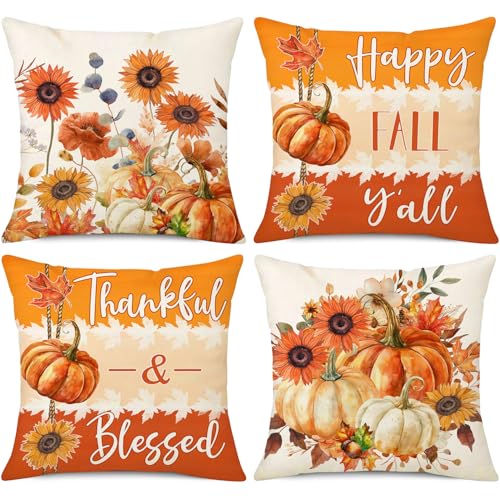 NIGHTWISH Fall Pillow Covers Set of 4 - Floral Pumpkin Decor