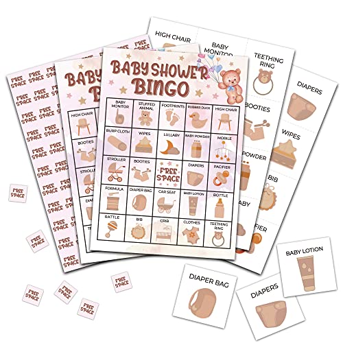 Baby Shower Bingo Game Cards - Bear Balloons Party Activity for 24 Players