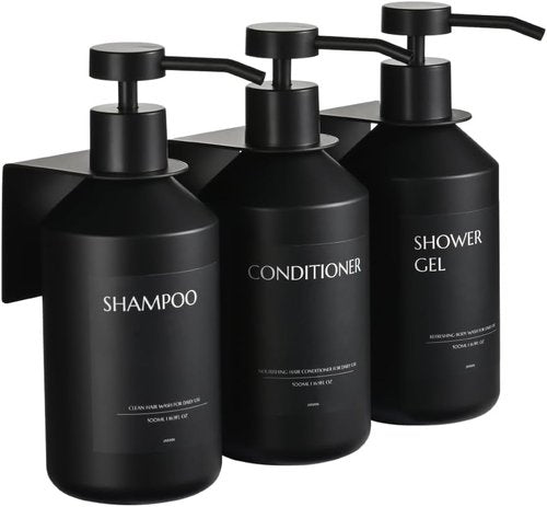 JANXIN Shampoo and Conditioner Dispenser Set of 3 for Wall Mount,16.9 fl oz Drill Free Shower Soap Bottles with Labels,Refillable Body Wash Dispensers for Bathroom Decor (Black Bottles +Black Pumps)