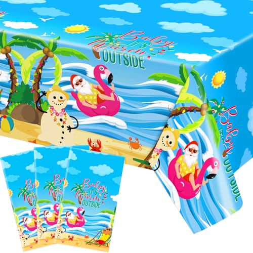 Christmas Tablecloth Set 3 Pcs Waterproof Holiday Party Decor, Beach Theme