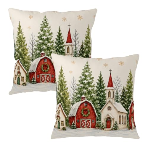 Xmas Snowy Village Christmas Pillow Covers 18x18 Set of 2 - Holiday Decor