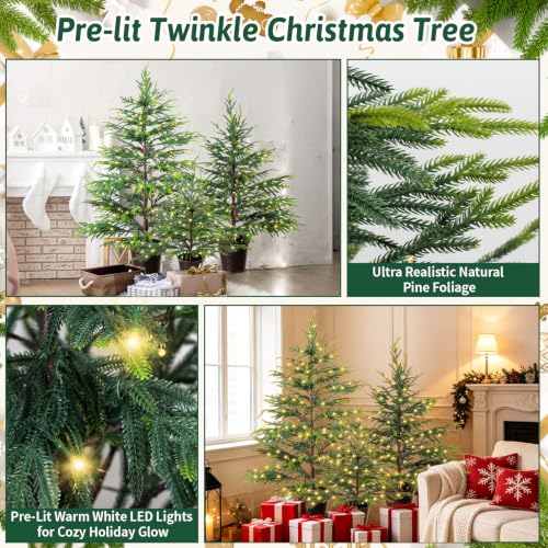 Pine Leaves Artificial Christmas Tree Set of 3 - 2ft, 3ft, 4ft Twinkle LED Holiday Decor