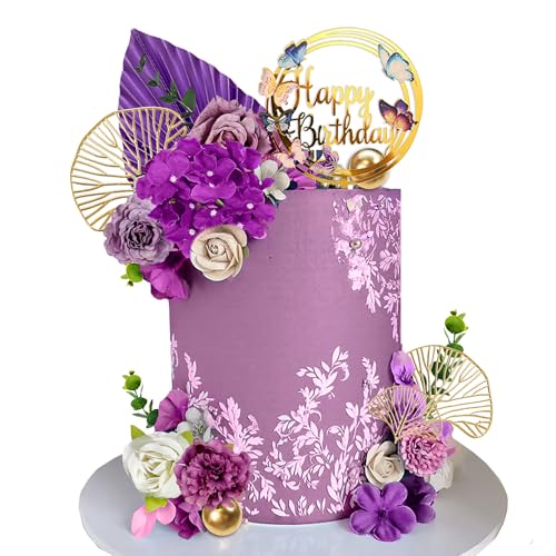 25-Piece Purple Floral Cake Topper Set for Birthday and Wedding Cakes