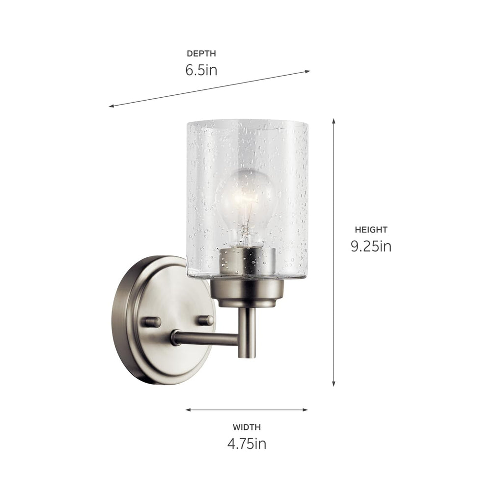 Kichler Winslow 9.25" Wall Sconce in Brushed Nickel, 1-Light Modern Wall Mount Fixture with Clear Seeded Glass , 45910NI