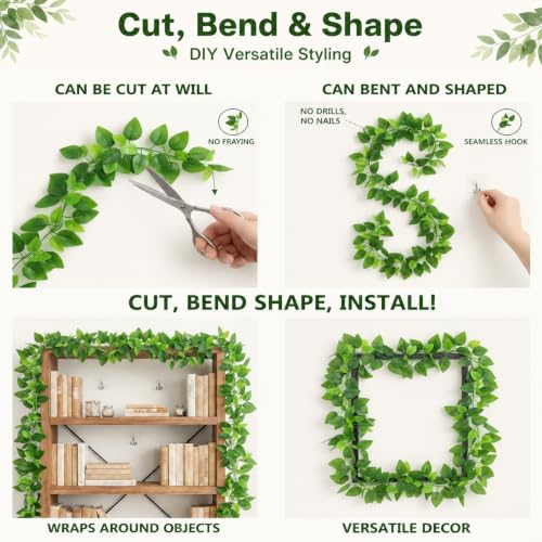 BLEUM CADE 2-Pack Artificial Pothos Ivy Vines, 15ft Fake Green Garland for Home & Garden
