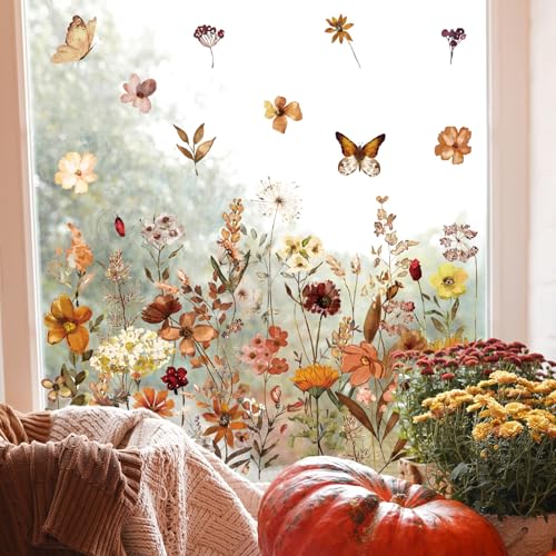 Fall Wildflower Window Clings - 6 Sheets Vintage Floral Decals