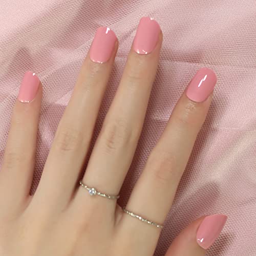 IKISKT Glossy Peach Pink Press on Nails Short Squoval Reusable False Nails