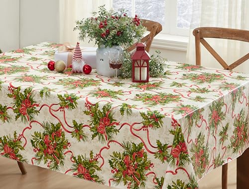 Newbridge Holly Traditions Christmas Vinyl Tablecloth 70x52 Inches - Rectangular Holiday Decor