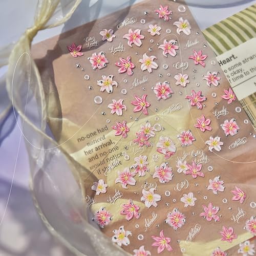 5D Embossed Pink Flower Nail Stickers Summer Floral Decals