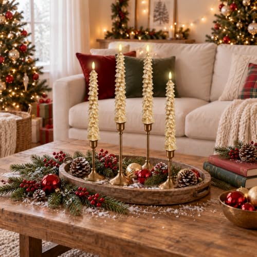 4PC Gold Flameless Christmas Tree Taper Candles - Holiday Decor