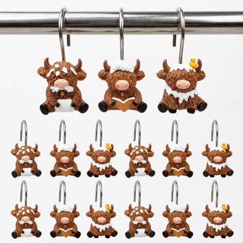 Highland Cow Shower Curtain Hooks - Rustic Farmhouse Decor (12 Pack)