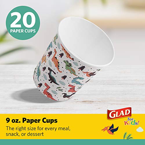 Glad Kids Disposable Paper Cups, Dinosaur Design, 9 Oz, 20 Count