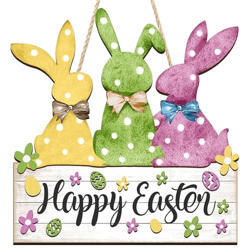 Wooden Easter Bunny Door Sign for Front Door Wall Hanging Decor 11.2x11.8