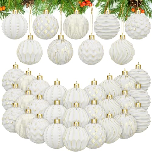 Christmas Ball Ornaments Set - Vintage White-Gold Farmhouse Style, 36 pcs