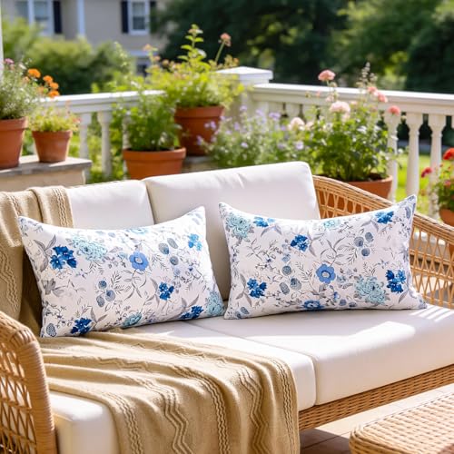 Outdoor Waterproof Lumbar Pillow Covers 12x20 Set of 2 Blue Floral Cushion Shams