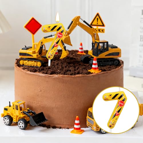 Construction Birthday Candle Number 7 - Yellow & Black Stripe Cake Topper
