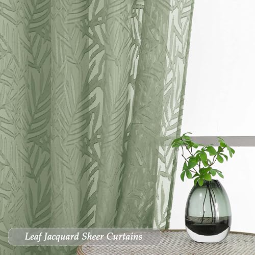 OVZME Sage Green Sheer Curtains 63 Inch Length, Leaf Jacquard 2-Panel Set