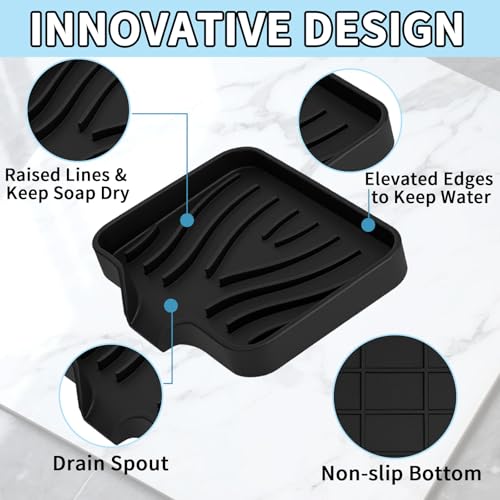 2 Pack Silicone Soap Dish with Drain - Self-Draining Bar Soap Holder