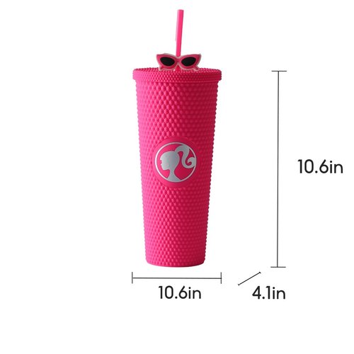 MINISO Barbie Travel Tumbler 24 oz Studded Cup with Lid and Straw Vacuum Insulated Water Bottle Holder Compatible BPA-Free Fashionable Plastic Cup for girls and kids| Car School Home Party Pink
